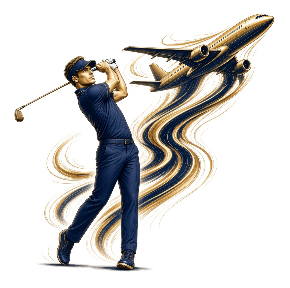 Swing Pilot logo: an illustrated golfer at full follow-through, navy and gold, with a swirling ribbon trail leading up into a jet